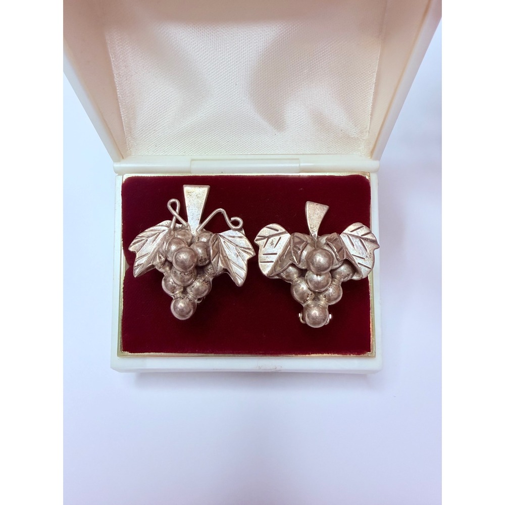 Heavy Sterling Silver Grape Cluster & Leaf Clip-On Earrings